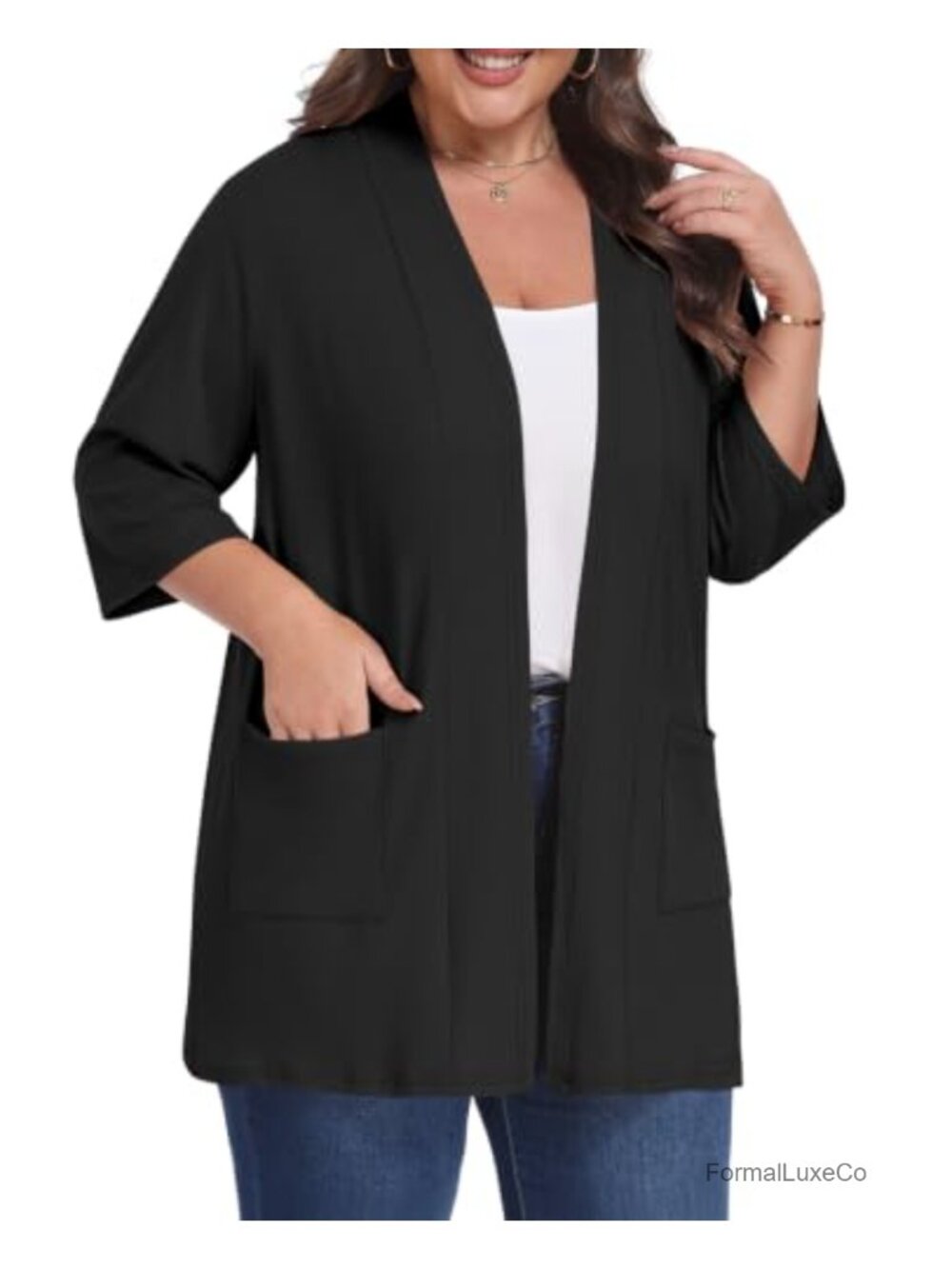 Women's Plus Size 3/4 Sleeve Lightweight Open Front Cardigan with Pockets